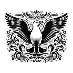 Naklejka premium Seagull bird with victorian flourish decoration, stencil logo, black and white animal illustration