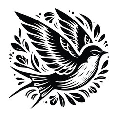 Obraz premium Swallow bird in zentangle art, stencil logo, black and white animal illustration