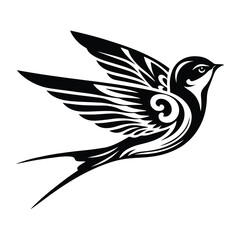 Obraz premium Swallow bird with art nouveau decoration, stencil logo, black and white animal illustration