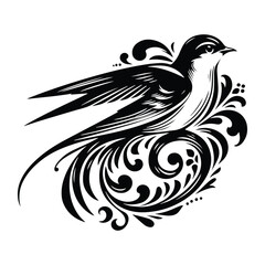 Swallow bird with victorian flourish decoration, stencil logo, black and white animal illustration