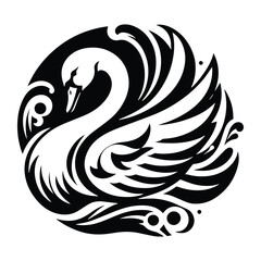 Obraz premium Swan bird with art nouveau decoration, stencil logo, black and white animal illustration