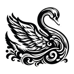 Fototapeta premium Swan bird with victorian flourish decoration, stencil logo, black and white animal illustration