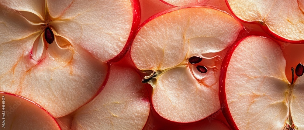 Poster a close up of a sliced apple with the seeds visible