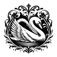 Obraz premium Swan bird with victorian flourish decoration, stencil logo, black and white animal illustration