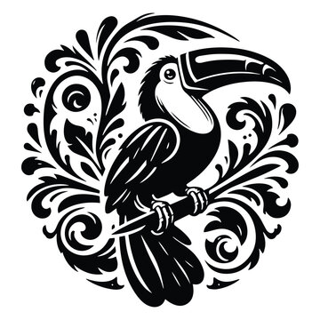 recommend clip art: Toucan bird with victorian flourish decoration, stencil logo, black and white animal illustration