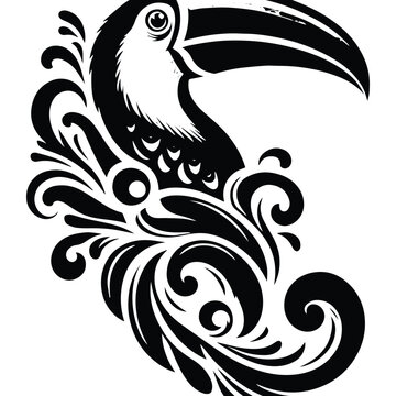 recommend clip art: Toucan bird with victorian flourish decoration, stencil logo, black and white animal illustration