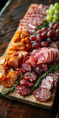 Charcuterie Board with Mixed Meats, Cheese, Grapes, Olives, and Cherry Tomatoes, cold cuts meat, banner