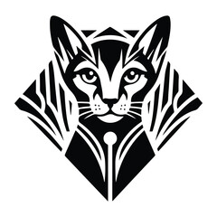 Fototapeta premium Abyssinian cat with art deco decoration, stencil logo, black and white animal illustration