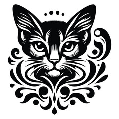 Fototapeta premium Abyssinian cat with victorian flourish decoration, stencil logo, black and white animal illustration