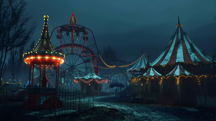 Sinister circus performers surround a creepy carnival, creating an atmosphere of suspense and unease.