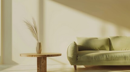 Sleek living room featuring a light green sofa and wooden coffee table against a subtle beige wall. Ideal background for a magazine cover highlighting modern minimalist interiors.