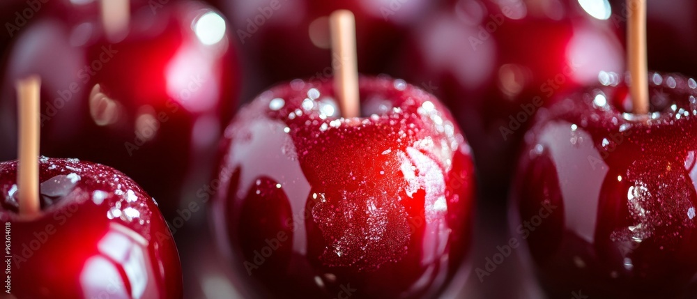 Poster a close up of a bunch of red apples with a shiny, glossy finish