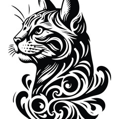 Fototapeta premium Bengal Cat with victorian flourish decoration, stencil logo, black and white animal illustration