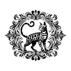 Bengal Cat with victorian flourish decoration, stencil logo, black and white animal illustration