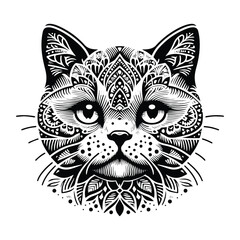Obraz premium British Shorthair in zentangle art, stencil logo, black and white animal illustration
