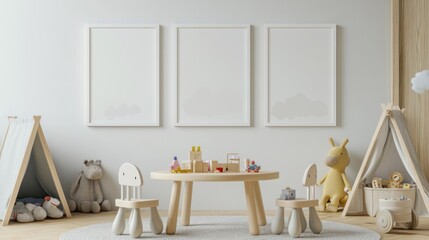 Playful Kids Room Decor with White Frames and Wooden Toys
