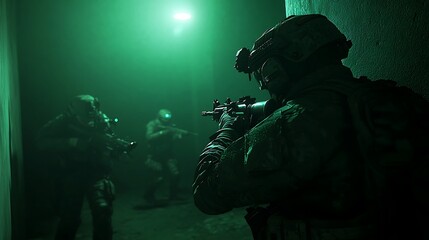 Fototapeta premium Special Forces Soldier Holding Assault Rifle in Green Smoke