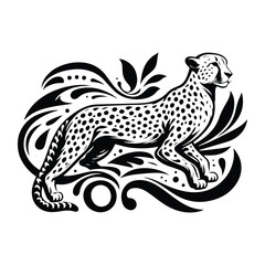 Cheetah with victorian flourish decoration, stencil logo, black and white animal illustration