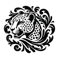 Obraz premium Cheetah with victorian flourish decoration, stencil logo, black and white animal illustration