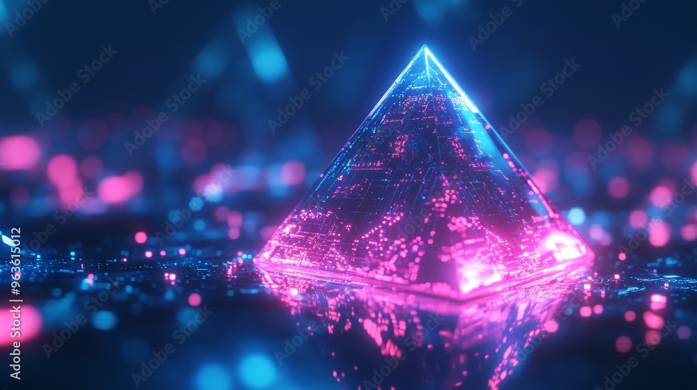 Poster explore advanced 3d modeling by creating a futuristic pyramid with neon lights and hud technology to