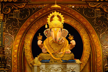 08 September 2024, Pune, Maharashtra, India, Beautiful sculpture of Lord Ganesh called as Dagdusheth Halwai Ganpati near Mandai location during Ganesh Utsav Festival.