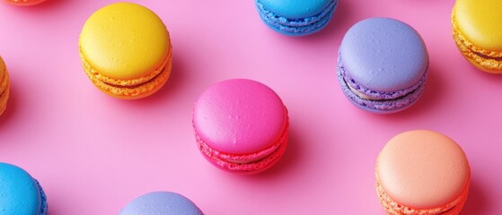 Fototapeta premium A row of colorful macarons on a pink background