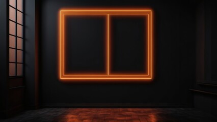Orange neon light frame glowing on a dark wall in a room with a window
