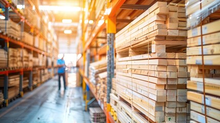 Obraz premium A warehouse in a sawmill or carpenter's shop is filled with rows of wooden planks. Building material. Drying of untreated wood in a lumber yard. Woodworking industry. Illustration for varied design.