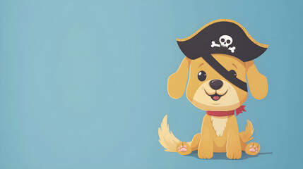 A cute dog with a pirate hat and eyepatch sailing on a boat at sunset.