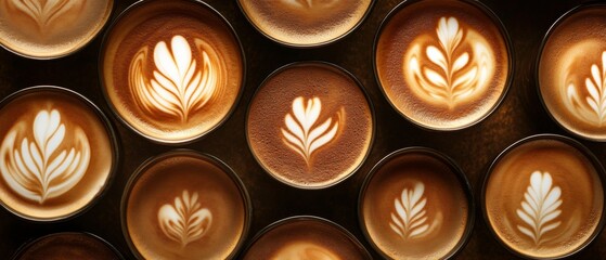 A row of coffee cups with white hearts on top