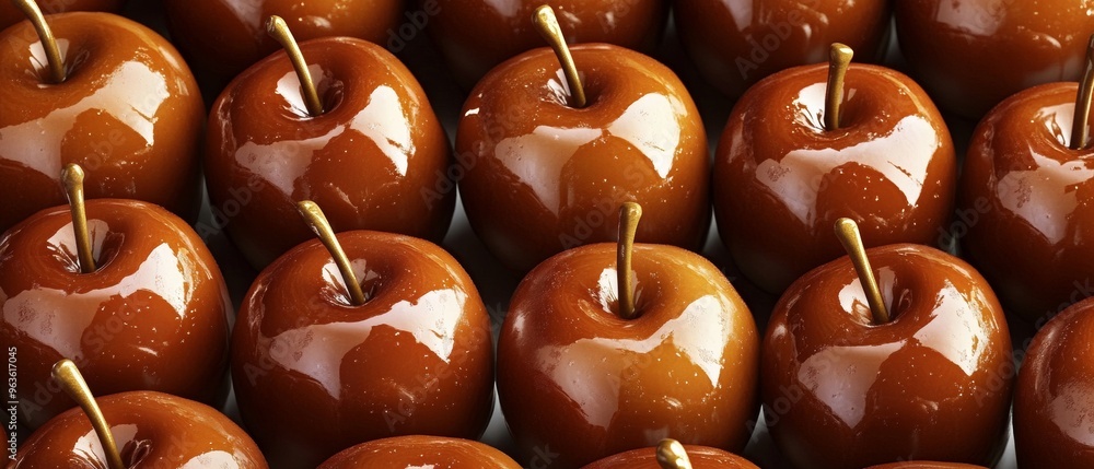 Poster a row of brown apples with a shiny glaze on them