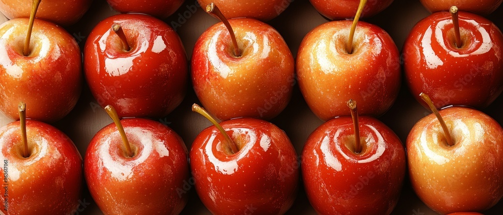 Poster a row of apples with a shiny, wet surface