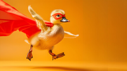 Adorable duckling in superhero gear flying through the sky with a cape and mask.