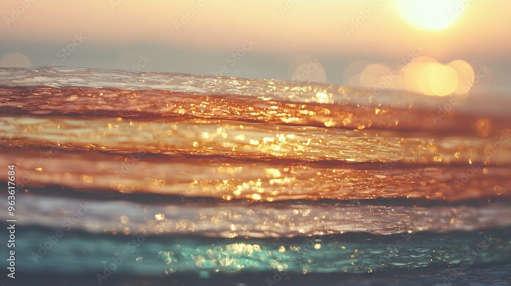 Poster a zoomed-in picture of a wave in the ocean under the sun's rays, with a hazy backdrop
