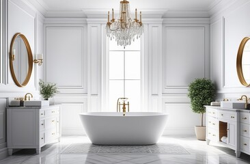 Elegant white bathroom interior with freestanding bathtub and luxurious chandelier