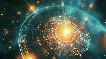 Abstract Cosmic Mandala with Glowing Light and Symbols