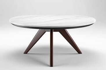 Elegant modern round wooden coffee table with marble top on white background
