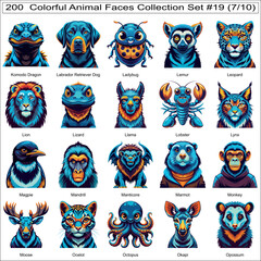 Colorful Animal Faces Collection Set of 200 Isolated Animals Part 7