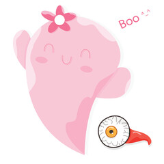 Cute Kawaii Pink Halloween Ghost Cartoon Perfect, Get into the Halloween spirit with this flat vector illustration.
