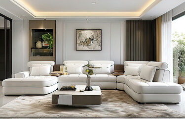 Modern living room interior with sectional sofa and colorful pillows, room design