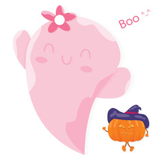 Cute Kawaii Pink Halloween Ghost Cartoon Perfect, Get into the Halloween spirit with this flat vector illustration.