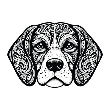 Beagle dog in zentangle art, stencil logo, black and white animal illustration