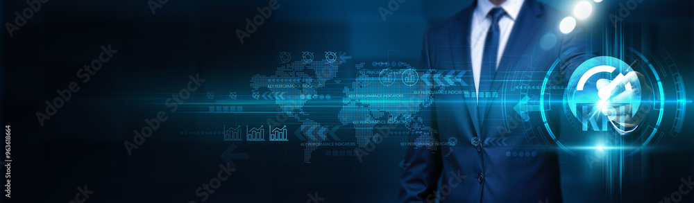 Poster businessman touch key performance indicators structure global network. kpis monitor performance and 