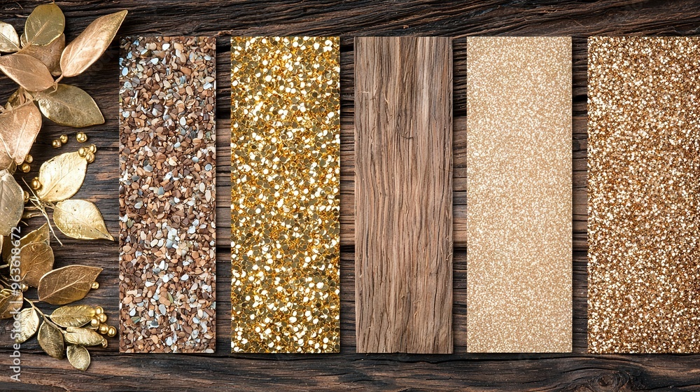 Poster a macro shot of a wooden panel adorned with an array of glitters and foliage