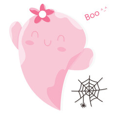 Cute Kawaii Pink Halloween Ghost Cartoon Perfect, Get into the Halloween spirit with this flat vector illustration.
