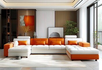 Modern living room interior with sectional sofa and colorful pillows, room design