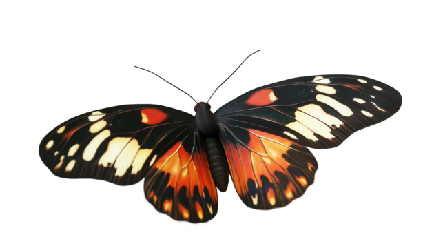 A butterfly with a yellow body and black wings. The butterfly is resting on a white background. Concept of tranquility and beauty, as the butterfly's delicate wings