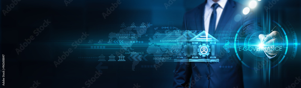 Poster businessman touches e-governance system structure, global network. digital transformation enables gl