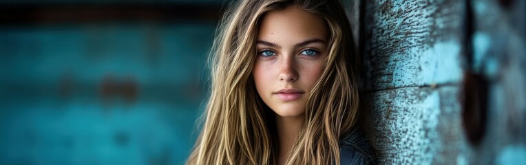 Naklejka premium Portrait of a young woman against a rustic blue wooden background