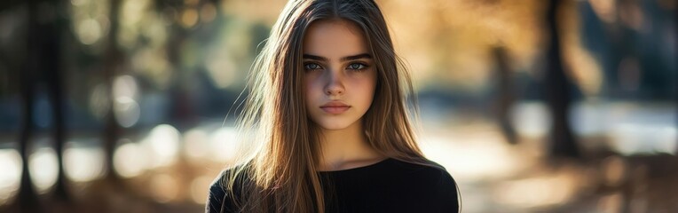 Naklejka premium Young woman with long hair standing outdoors in autumn sunlight